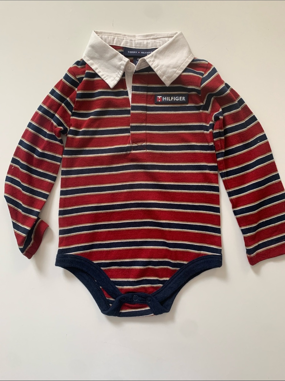 Tommy Hilfiger Red, Navy & White Striped Long-Sleeve One-Piece Size 18M